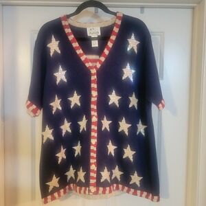 Vintage Quacker Factory Knit Cardigan 1X Patriotic Short Sleeve USA Americana